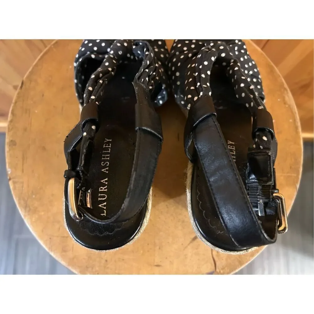 Laura Ashley KILBY Wedge Sandals Espadrilles Shoes black white dots SZ 7B